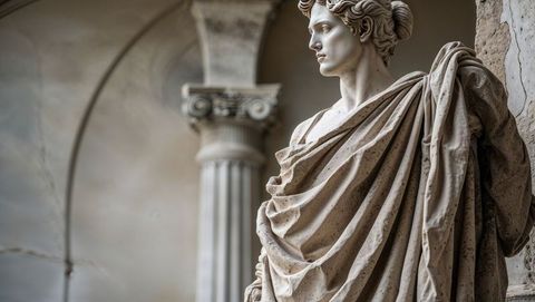 Marble statue displayed in gallery with corinthian architecture in trieste, italy