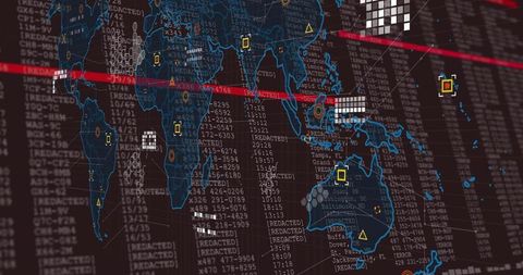 Global cybersecurity threat map showing redacted data, real-time scan lines, neon analytics