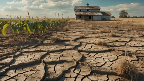 Weathered barn with cracked soil and new growth amidst drought