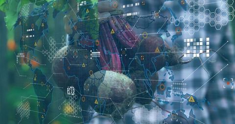Agri-data fusion: seed pod close-up with world map overlay for precision farming