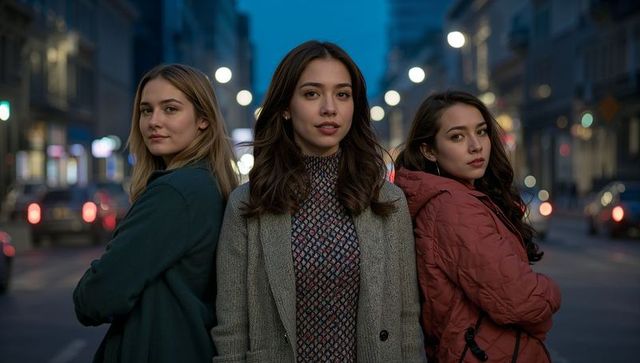 Three confident women standing on city street at dusk wearing winter coats and urban style