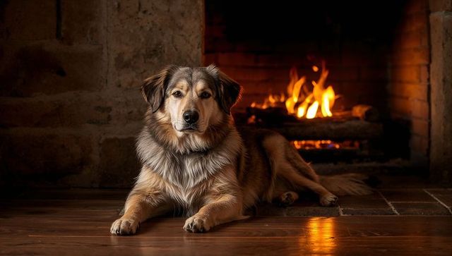 Long-coated dog lying and gazing by roaring brick fireplace, warm firelight reflecting