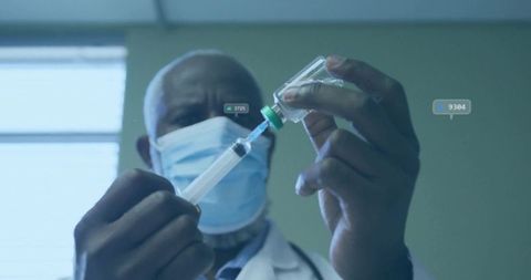 Doctor Preparing Injection in Clinical Environment with Digital Overlays