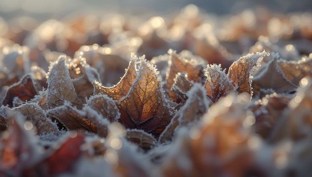 Frost-Covered Leaf Cluster Sparkling in Sunlight