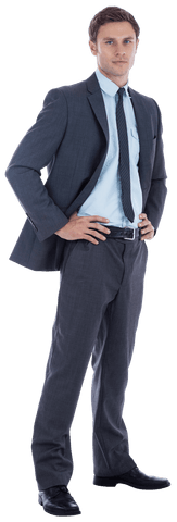 Confident Businessman in Gray Suit with Hands on Hips, Transparent Background