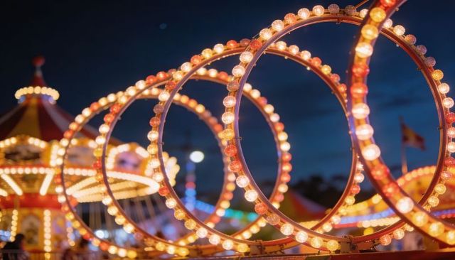 Glowing carnival hoop lights leading eye to vintage carousel at twilight