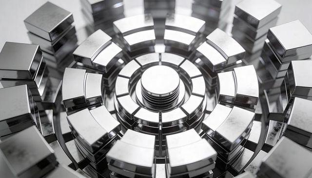 Shiny chrome mechanism rotating with concentric rings and reflective surfaces