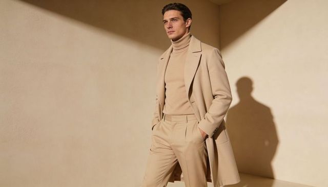 Male model wearing beige overcoat and turtleneck posing in minimalist corner with sculptural shadow