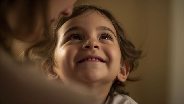 Smiling child looking up at caregiver with tender expression in warm closeup, soft lighting