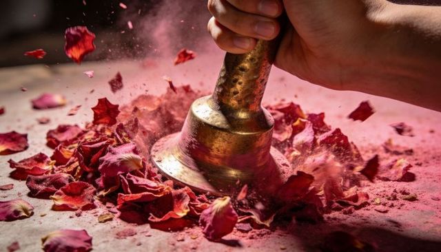 Brass pestle crushing rose petals into vivid pink powder, handcrafting natural pigment