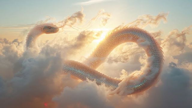 Iridescent serpent dragon gliding through pastel clouds at dawn with pearl scales, mist tendrils