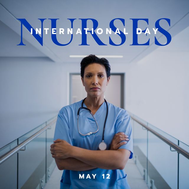 This image features a biracial nurse standing confidently with arms crossed in a hospital corridor, commemorating International Nurses Day on May 12. This visually powerful representation can be used in campaigns, articles, posters, and social media posts to celebrate and acknowledge the immense contributions of nurses worldwide. Ideal for health organizations, medical institutions, and educational materials.