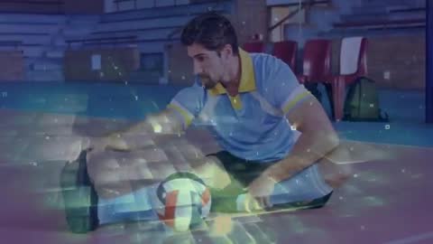 Athlete Stretching on Volleyball Court with Digital Interface Overlay