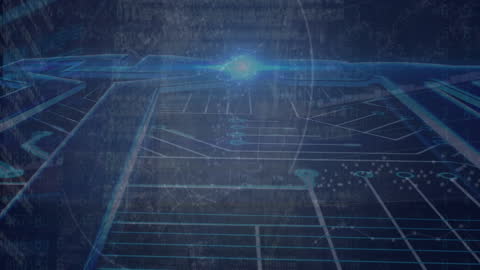 Futuristic Data Processing with HUD Elements and Light Beam