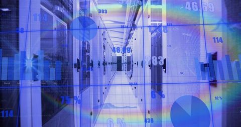 Futuristic Data Center Corridor with Digital Analytics Overlay