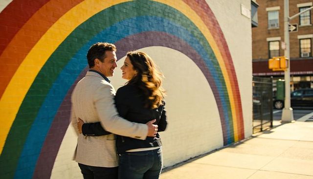 Couple embracing on sunlit city sidewalk with rainbow mural, urban romance lifestyle joy