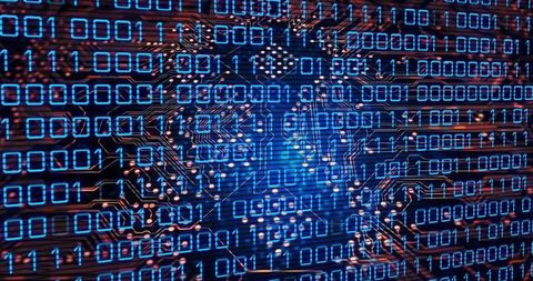 Displaying Binary Code Overlay on Macro Circuit Board with Glowing Microchip