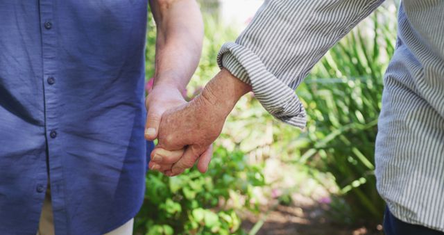 Midsection of caucasian senior couple holding hands walking in sunny garden. Senior lifestyle, togetherness, romance, summer, nature and retirement, unaltered.