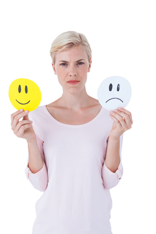 transparent image of woman holding happy and sad emoticons - Download Free Stock Videos Pikwizard.com