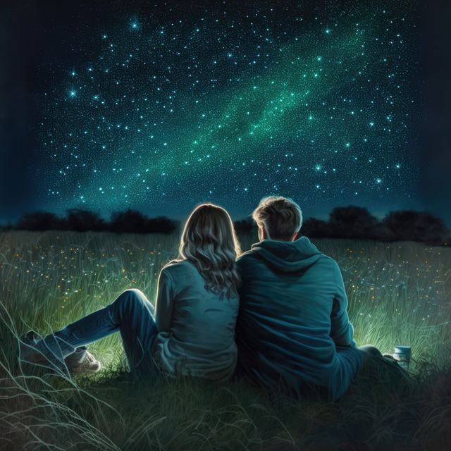 This image features a couple sitting closely together in an open field at night, gazing at a star-filled sky. Perfect for use in romantic, outdoor adventure, or relaxation-themed content. Ideal for illustrating concepts of love, nature, and peaceful moments.