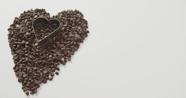 Heart-shaped arrangement of chocolate chips with a metal heart cookie cutter in the center on a white background. Suitable for use in baking blogs, Valentine's Day promotions, dessert recipes, and advertisements for baking supplies. Emphasizes themes of love, sweetness, and creativity in food preparation.