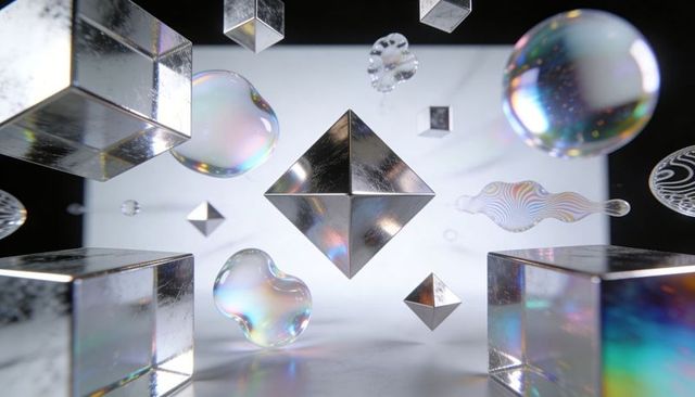 Floating Metallic Octahedron with Iridescent Blobs and Glass Cubes, Reflective Minimalist Geometry