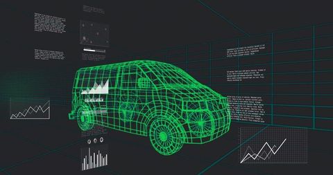Rendering Neon Wireframe Van with HUD Analytics and 3D Grid Visualization