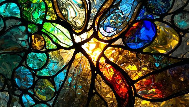 Vibrant stained glass panel art illuminating chapel interior