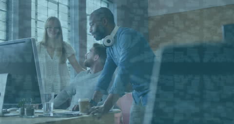 Team Collaboration in Modern Office with Digital Overlay