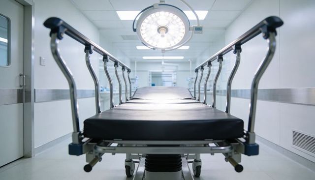 Empty hospital stretcher in sterile surgical corridor with overhead operating light