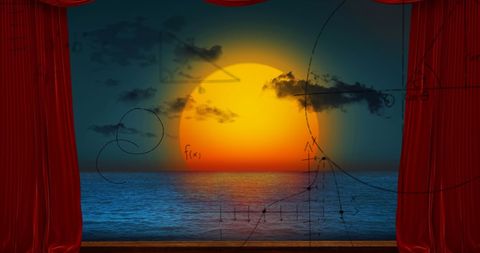 Mathematical Equations Over Sunset Ocean Scene with Red Curtain