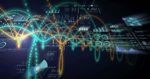 Teal amber data streams coalescing into holographic dashboards with neon hud charts