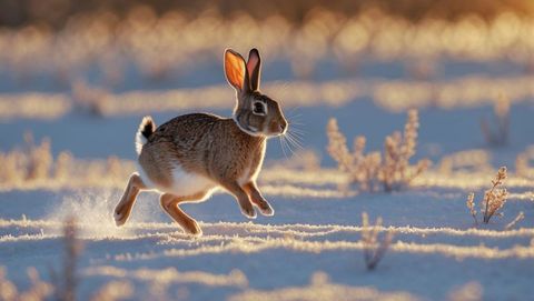 Bounding cottontail rabbit on snowy plain with golden light