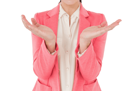 Caucasian woman in pink jacket with open palms on transparent background