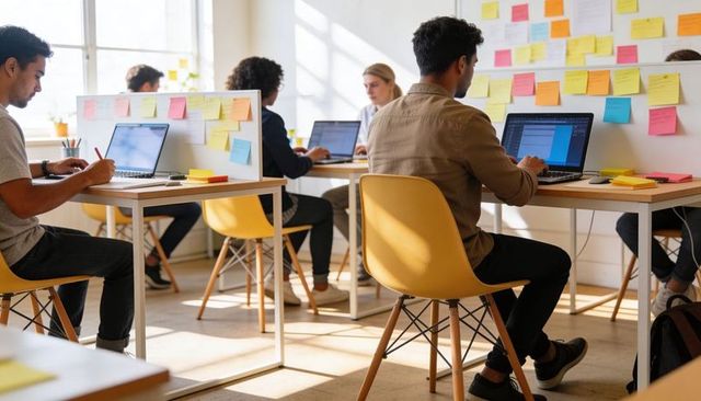 Young professionals collaborating in bright coworking space with laptops and colorful sticky notes