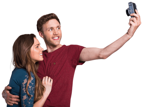 Happy Young Couple Taking Transparent Selfie with Digital Camera