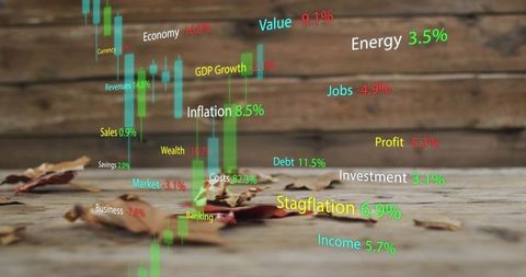 Stagflation concept over rustic wood with candlestick charts and autumn leaves