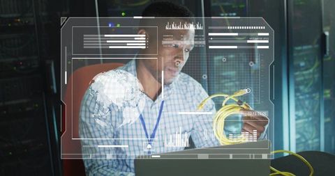 It technician examining fiber optic cable in server rack with holographic network hud