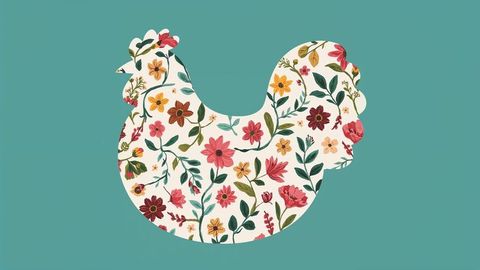 Floral Chicken Silhouette on Teal Background