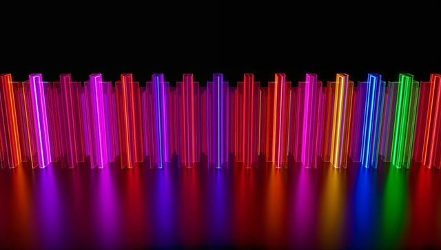 Colorful neon prism skyline forming vertical light columns with glossy floor reflections