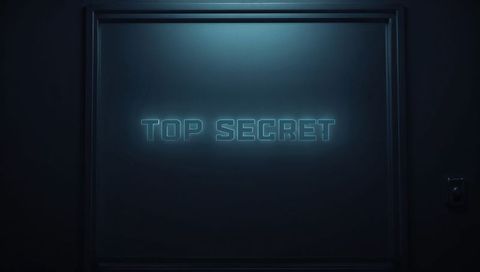 Glowing cyan top secret sign dominating framed panel in secured facility hallway with keypad