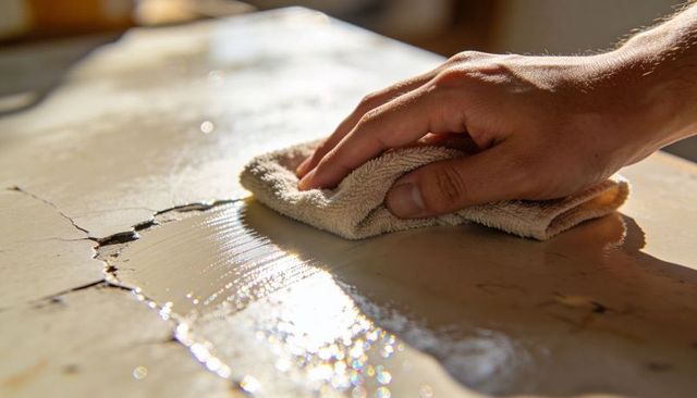 Sunlit hand wiping cracked marble countertop with towel and water reflections close-up