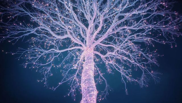 Elegant glowing tree with led lights against dark background