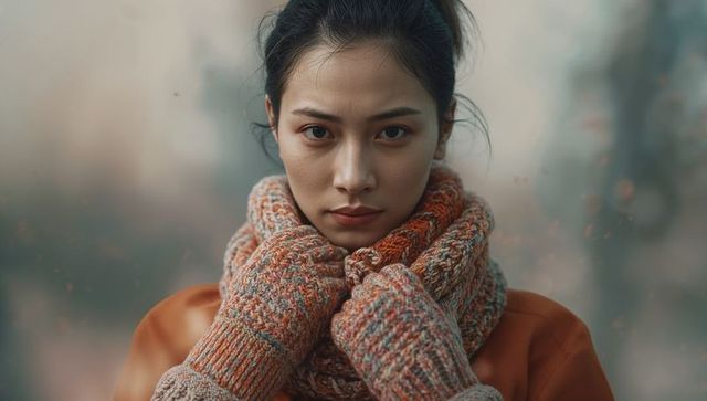 Woman wearing knitted scarf and mittens in misty winter forest