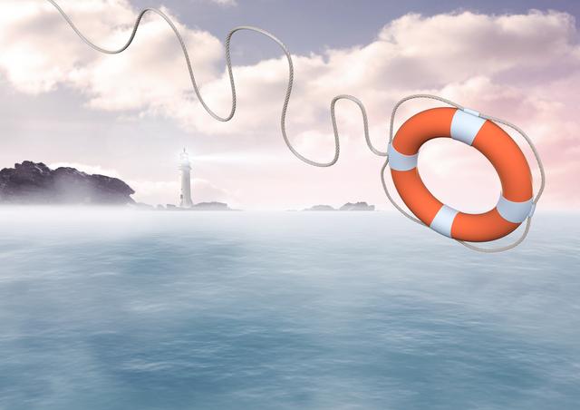 Digital composite image of lifebuoy with rope thrown in air