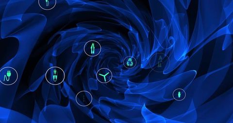 Swirling blue energy vortex with neon green renewable icons, abstract fluorescent tunnel