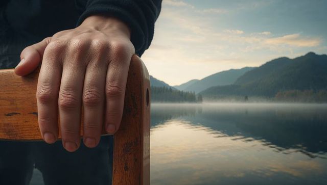 Male hand gripping worn wooden boat rail over misty mountain lake at dawn, calm reflection