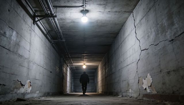 Walking silhouette moving toward light in abandoned industrial tunnel with hanging bulbs