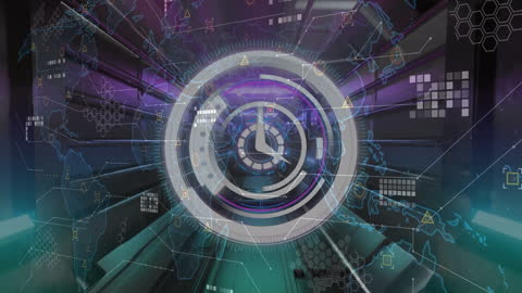 Abstract Digital Interface with Clocks and World Map Visualization