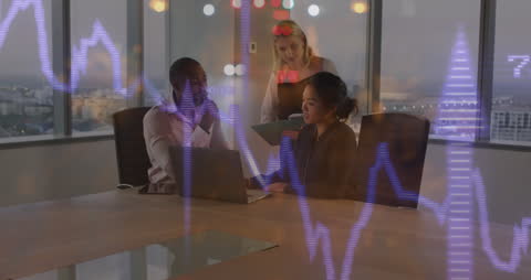 Business Team Analyzing Financial Data with City View